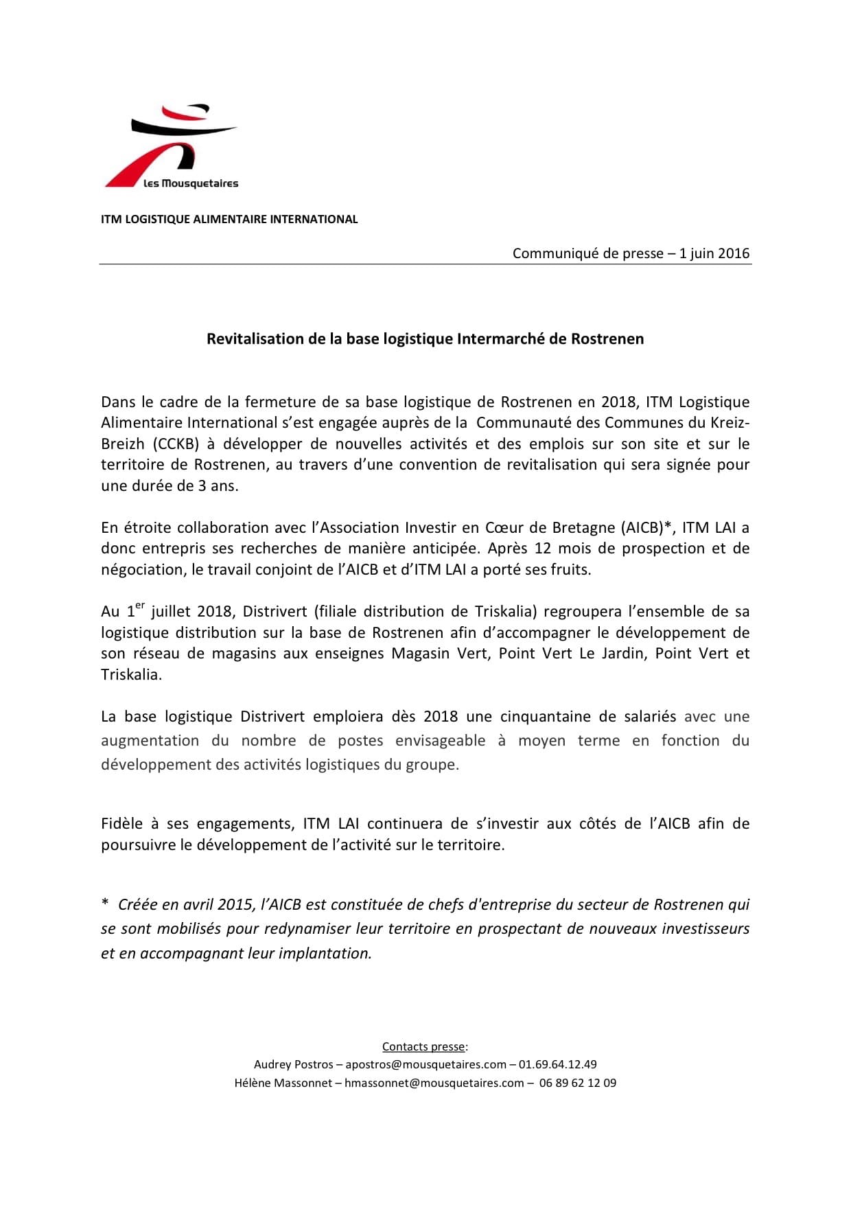 Communiqué de presse - ITM - Revitalisation de la base logistique intermarché de Rostrenen