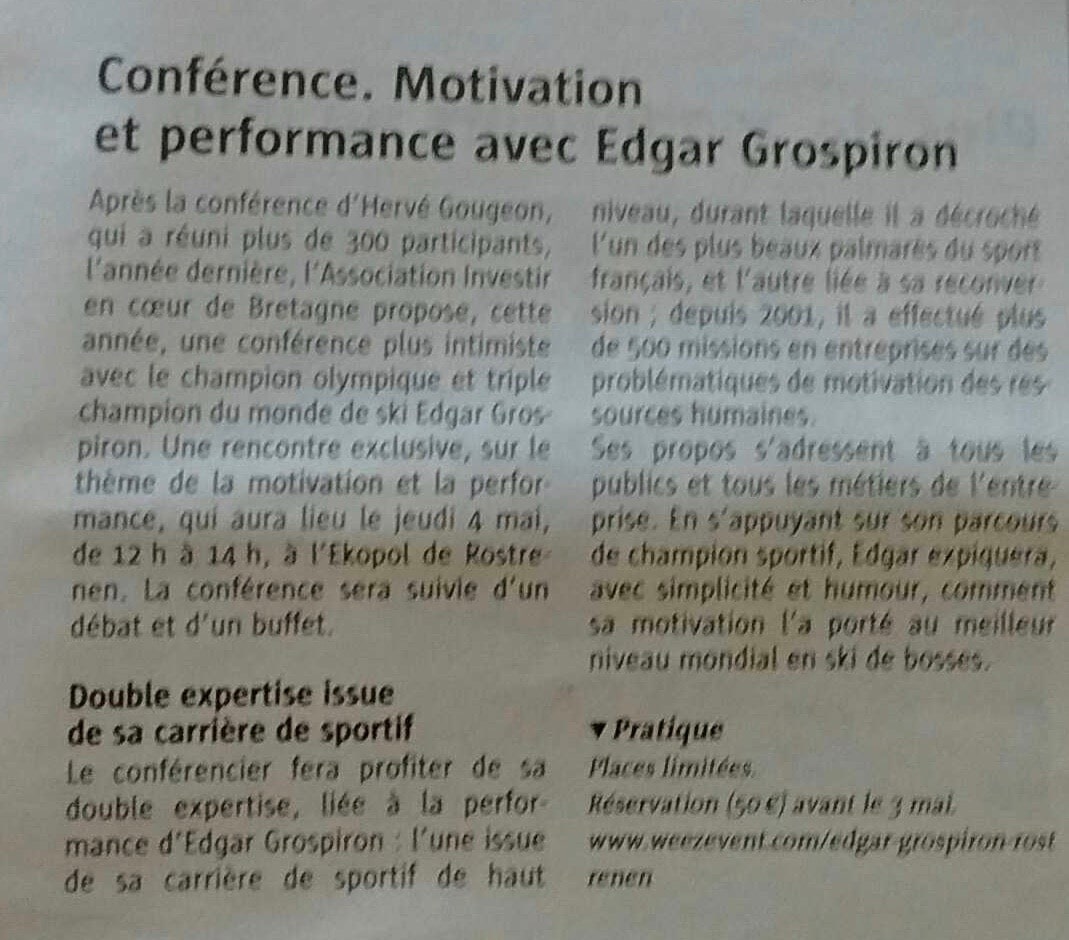 Communiqué de presse - Conférence avec Edgar Grospiron - Le télégramme